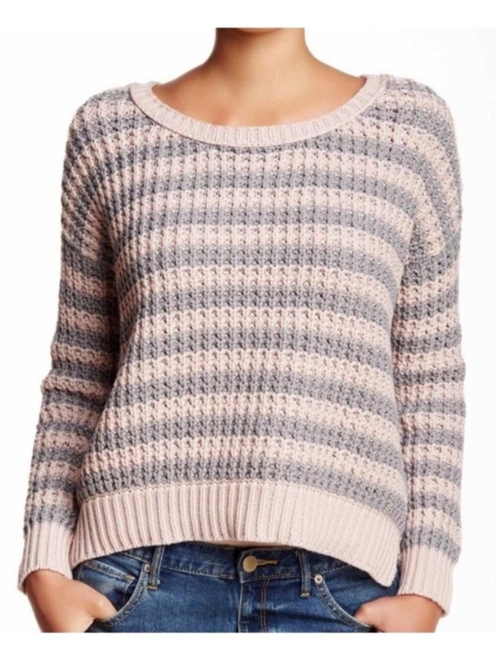 FREE PEOPLE At The Beach Chunky Knit Pink & Grey Striped Sweater